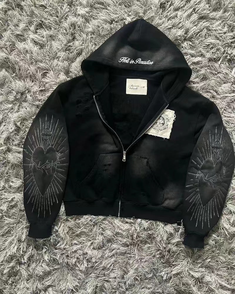 Gothic Heart Embroidered Zip-Up Hoodie