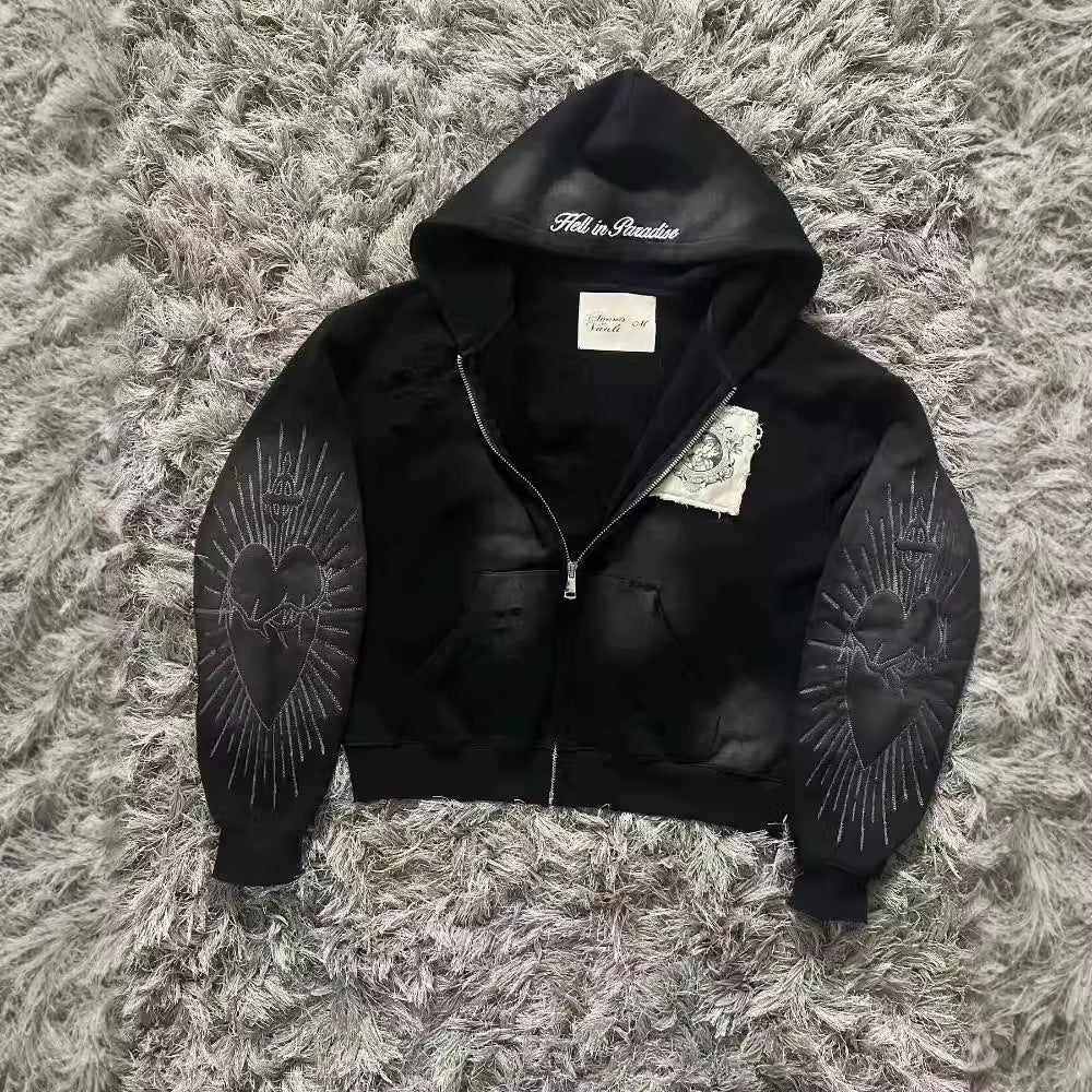 Gothic Heart Embroidered Zip-Up Hoodie